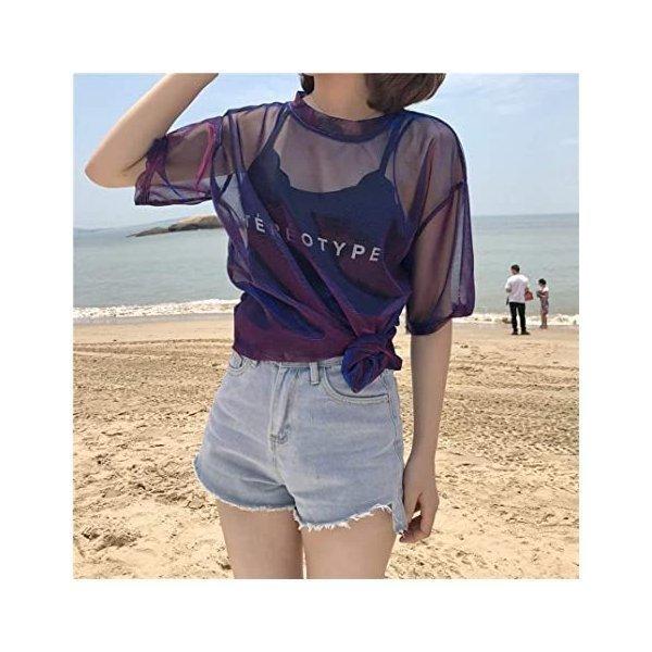 特価 レディース 半袖 シースルーロング丈Tシャツ キラキラ プリンプリン ゆったり ダンス衣装 ファッション AA(s2111130034)|satonana|04