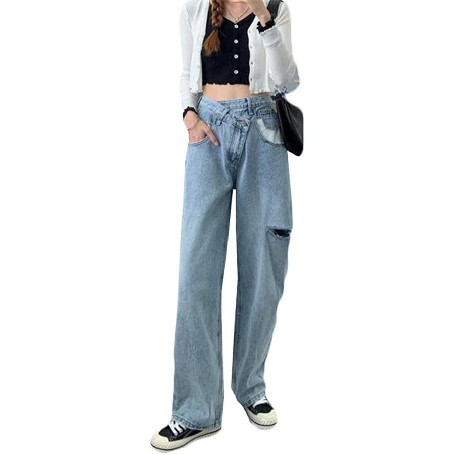 デニムパンツ ジーンズ レディース ロング丈 アシンメトリー ダメージ 