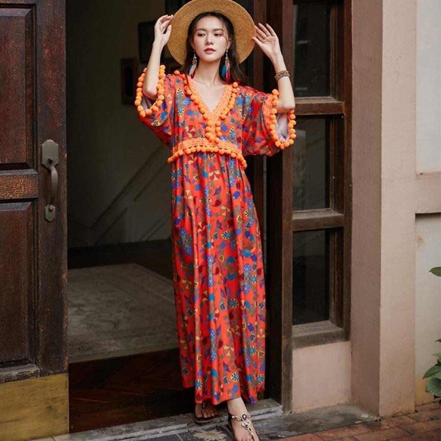 人気のファッションブランド ドレス ヒッピーシックタッセルエスニックボヘミアンドレス長袖vネック女性マキシドレスカジュアルビーチ女性 Sd Cjwslyt サロペット オーバーオール サイズ S Teambody Ir