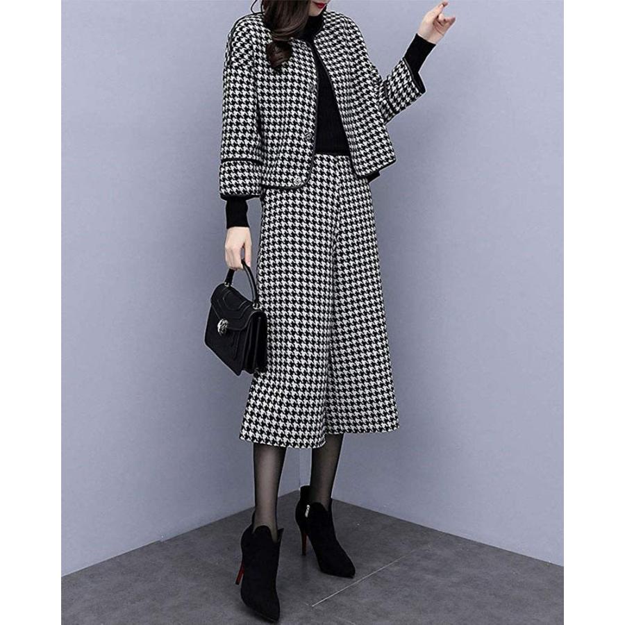 セットアップ レディース スーツ ワイドパンツ 千鳥格子 ハイウエスト
