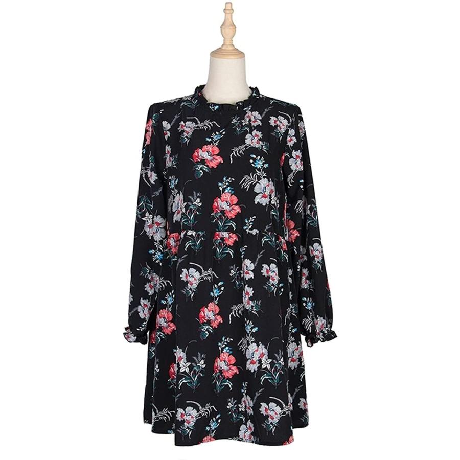 秋冬の花のドレスの女性のカジュアルなフルスリーブハイウエストルーズプリントドレス (Color : Black, Size (sd04716)｜satonana
