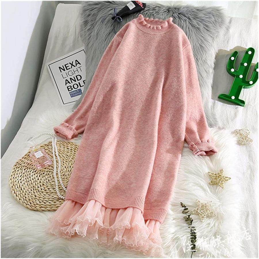 女性のエレガントなニットの暖かいドレス女性の厚い長袖のパッチワークカジュアルな膝のドレス (Color : Pink, Si(sd07182)