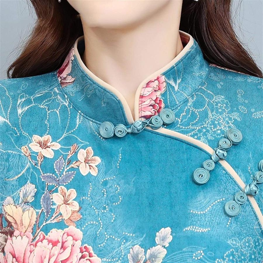 秋冬 チャイナスタンドスタンド襟の花はライン女性ロングドレスを印刷しました (Color : Blue, Size : 3X(sd13183)｜satonana｜05