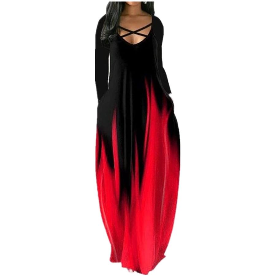 秋と冬の女性の服の緩い長袖のポケットプリントドレス chenghuax (Color : Red, Size : 3X-La(sd13902)