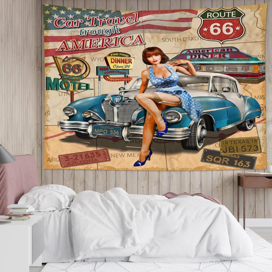 ヴィンテージ風 タペストリー 美女と車 アメリカ地図 ルート66