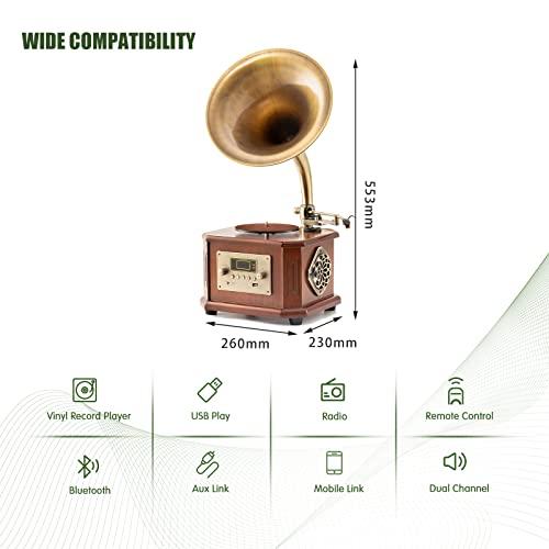 HOFEINZ 天然木材 蓄音機 純銅ホーン 工芸品 マルチレコードプレーヤー/Bluetooth4.2 /USB/FM ラジオ 