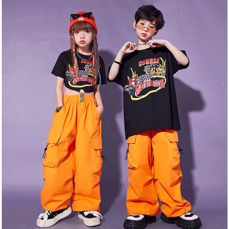 キッズ ダンス 衣装 ヒップホップ セットアップ カーゴパンツ ダンスパンツ ゆったり tシャツ オレンジパンツ ブラック 黒 女の子 男の子 ジャズダンス チアダン｜satosyoji-store｜02