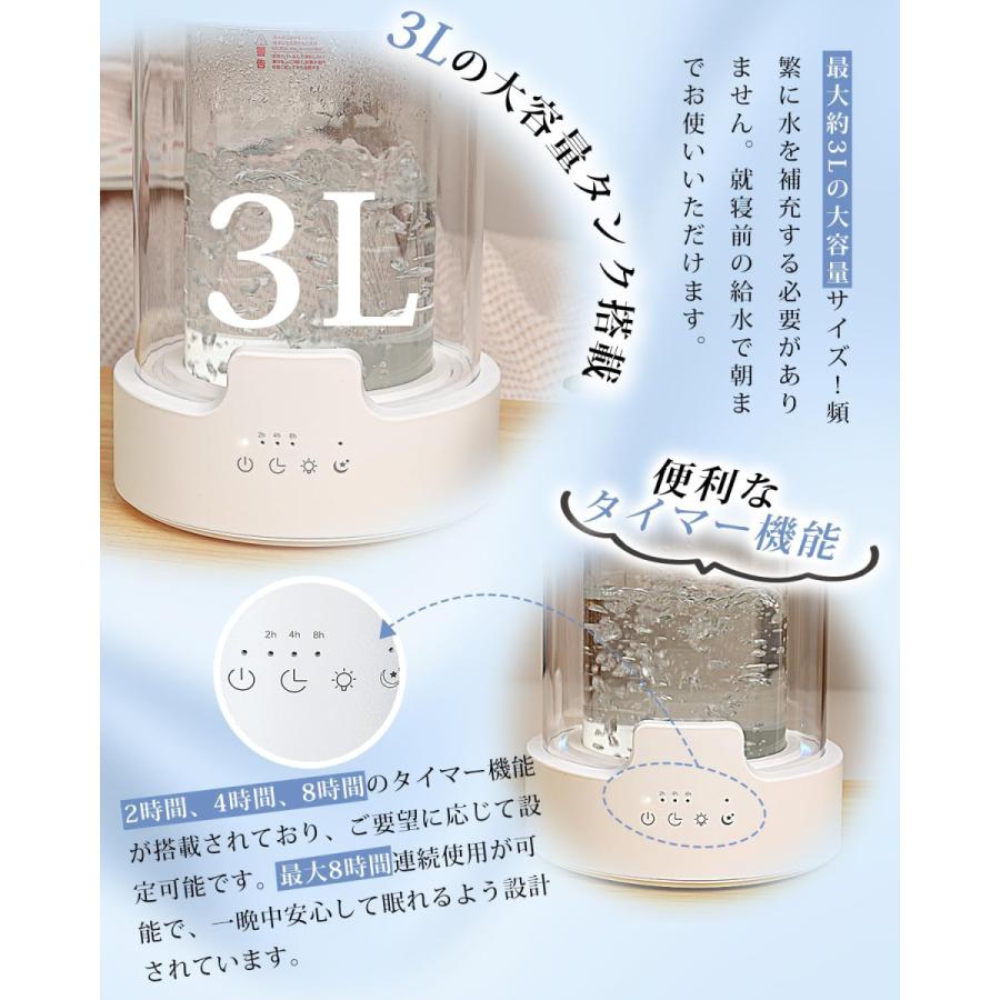 加湿器 スチーム式 加熱式 3L大容量 二重構造ガラス 500ml/h加湿量