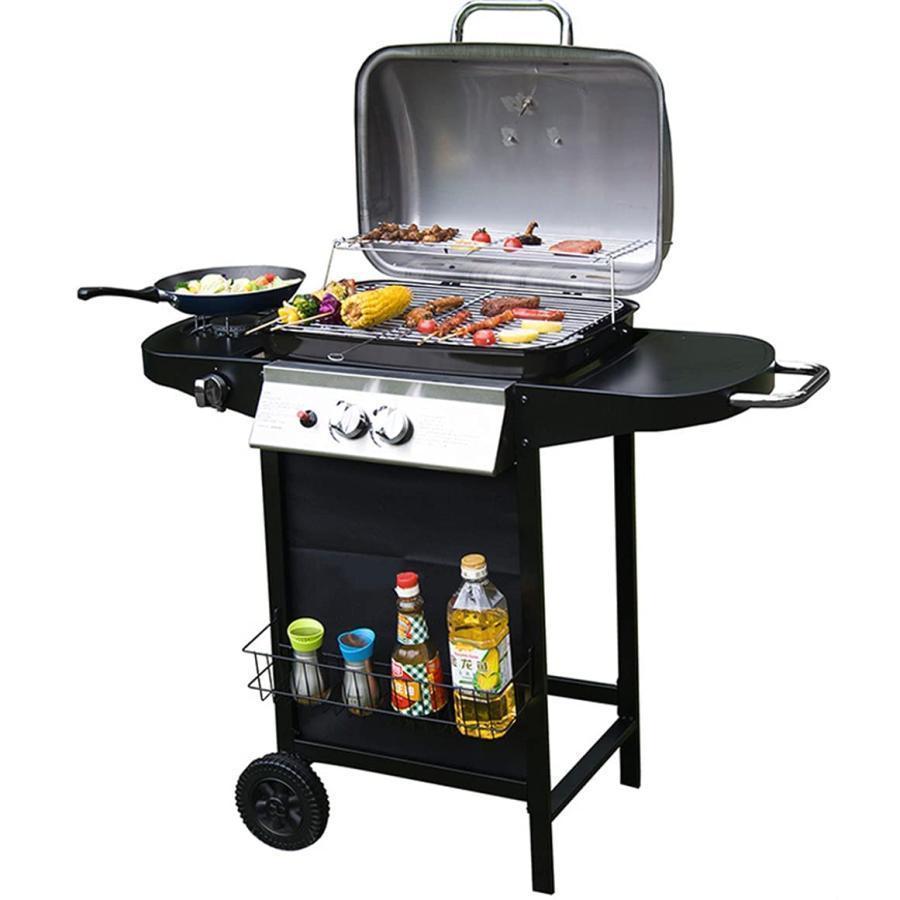 パティオガーデンバーベキューガスストーブ屋外調理用 ダブルバーナーバーベキュープロパンガスグリル、サイドファーネス付き