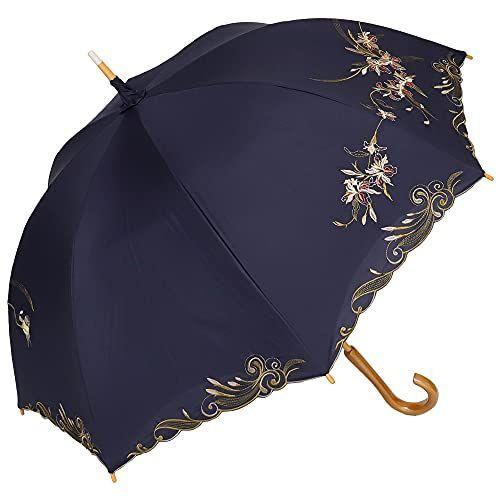華麗 日傘 (シャガ・ネイビー) 全面刺繍 特殊2重張り 涼しい かわず張り UVカット 遮熱 完全遮光 刺繍 長日傘 女優日傘 晴雨兼用 日傘