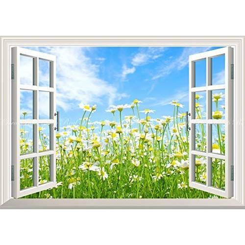 絵画風 壁紙 壁紙ポスター はがせるシール式 窓の景色 カモミールと青空 花畑 花畑 カモミールと青空 フラワーガーデン 窓仕様トリックアート キャラクロ サトラストア クーポン発行
