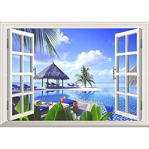 絵画風 壁紙ポスター はがせるシール式 窓の景色 サトラストアの絵画風 マリン リゾート プールサイド 窓仕様 壁紙 壁紙ポスター 癒し バケーション トロピカルリゾート サトラストア