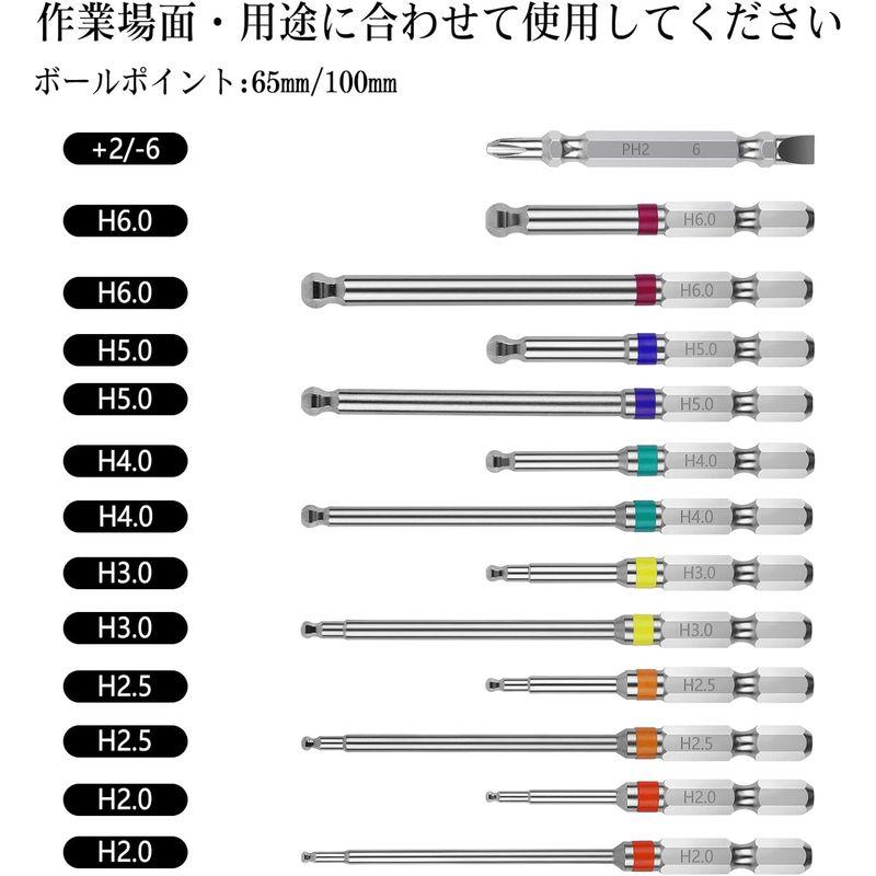 OIENNI ボールポイント 六角ビットセット 7本組 65mm 片頭 6.35mm六角軸 磁気ドライバービット 対辺2/2.5/3/4/5｜savoia｜06