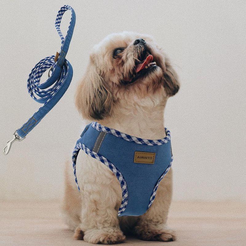 Aiminto デニム犬用ハーネス＆リードセット、通気性の高いメッシュ素材、軽量、ハーネス胸元に反射材付き - 小型犬用 (Sサイズ 胴範囲｜savoia｜03