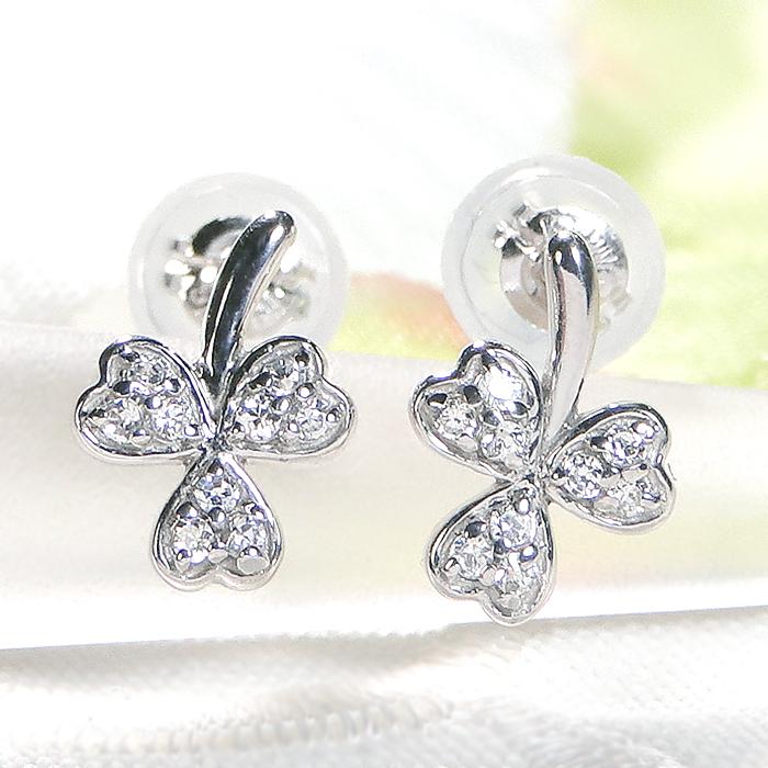 K10WG 三つ葉 クローバー ダイヤモンド ピアス 0.1ct 送料無料 10金