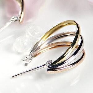 フープピアス ピアス トリプルカラー 18k 18金 YG PG 14k 14金 WG 3連