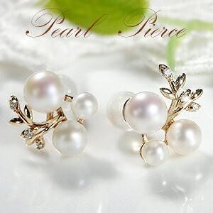 淡水パール ダイヤモンド ピアス パール 10k 10金 YG ゴールド 真珠 ダイヤ 葉っぱ 6月誕生石 SAP0086