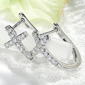 K18WG 0.3ct ダイヤモンド クロス フープ ピアス 18金 k18
