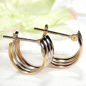 K18YG PG Pt900 トリプルカラー 平行 フープ ピアス 18金 18k イエロー