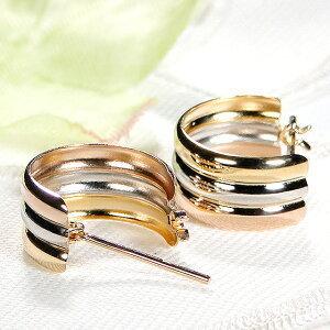 K18YG PG Pt900 トリプルカラー 平行 フープ ピアス 18金 18k イエロー