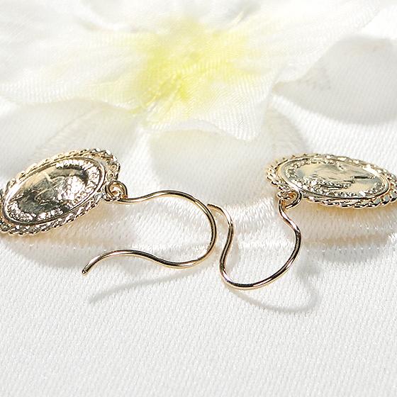 K18YG エリザベス二世 コイン型 フック ブラ ピアス 送料無料 18金 K18