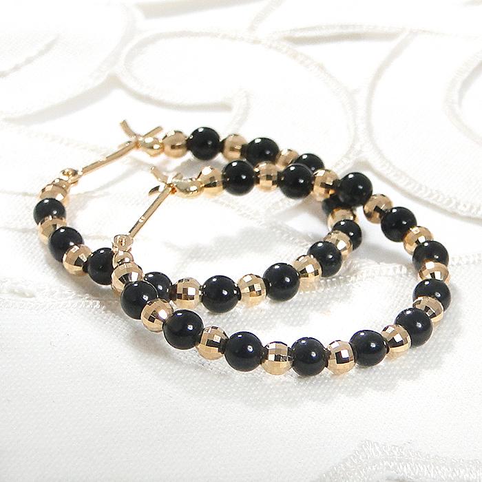 K18YG 30mm オニキス ミラーボール フープ ピアス 18金 k18 YG