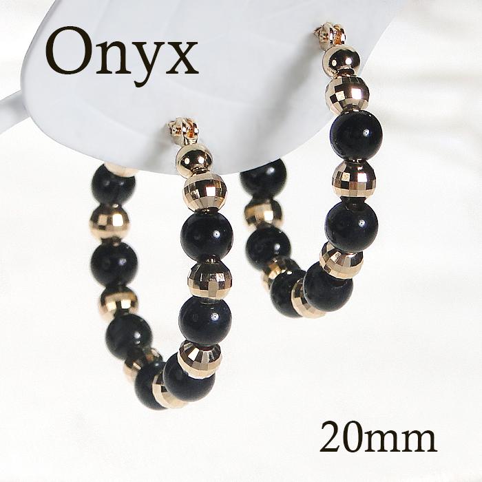 K18YG 20mm オニキス ミラーボール フープ ピアス 18金 k18 YG
