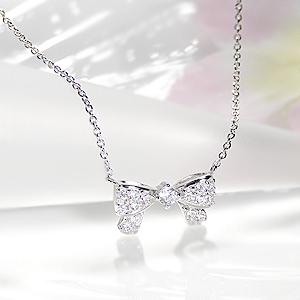 K18WG リボンモチーフ ダイヤモンドペンダント 0.2ct ネックレス 送料 