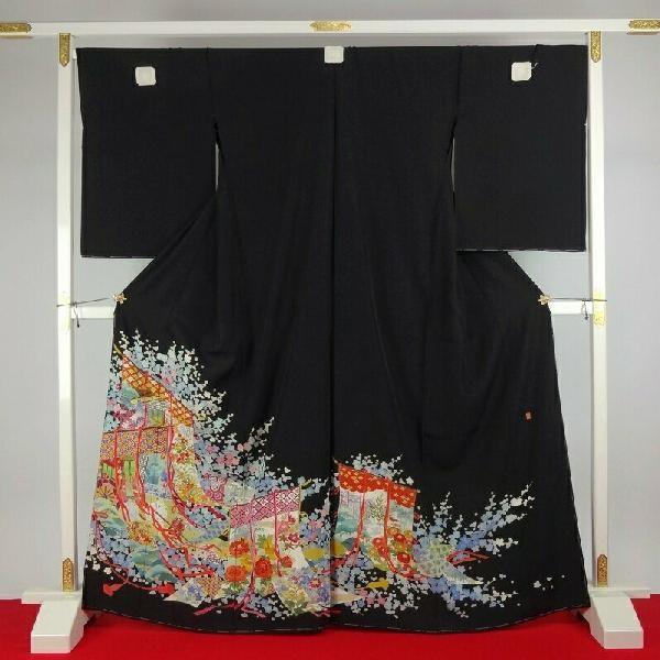 黒留袖 正絹 黒留袖 本加賀友禅 「毎田仁郎」氏作 手描き 几帳に花々 