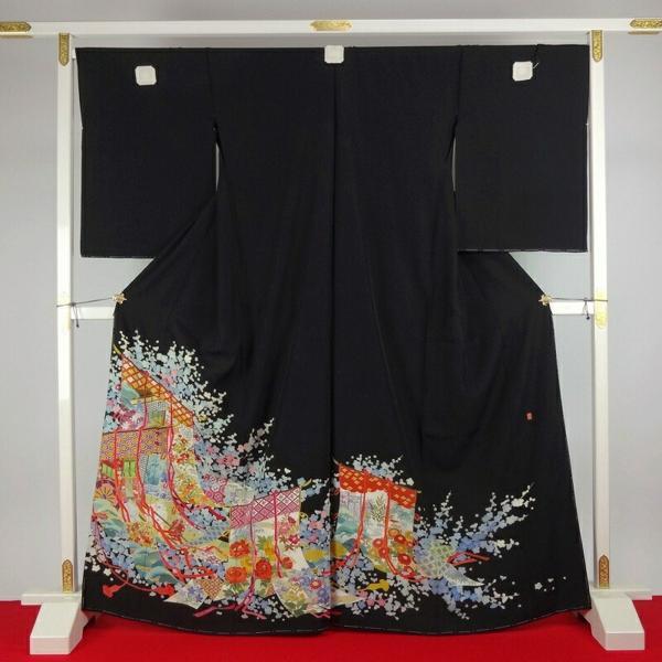 黒留袖　正絹　黒留袖　本加賀友禅 「毎田仁郎」氏作　手描き　几帳に花々文様　結婚式・披露宴　裄丈６８．５ｃｍまで　フルオーダー国内手縫い仕立て付き　_1
