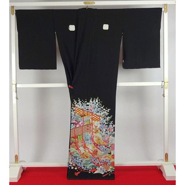 黒留袖　正絹　黒留袖　本加賀友禅 「毎田仁郎」氏作　手描き　几帳に花々文様　結婚式・披露宴　裄丈６８．５ｃｍまで　フルオーダー国内手縫い仕立て付き　_2