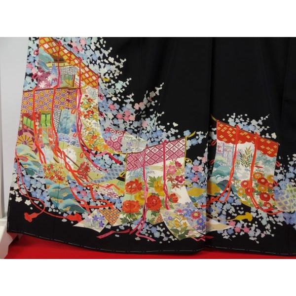 黒留袖　正絹　黒留袖　本加賀友禅 「毎田仁郎」氏作　手描き　几帳に花々文様　結婚式・披露宴　裄丈６８．５ｃｍまで　フルオーダー国内手縫い仕立て付き　_3