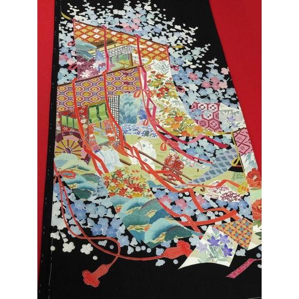 黒留袖　正絹　黒留袖　本加賀友禅 「毎田仁郎」氏作　手描き　几帳に花々文様　結婚式・披露宴　裄丈６８．５ｃｍまで　フルオーダー国内手縫い仕立て付き　_6