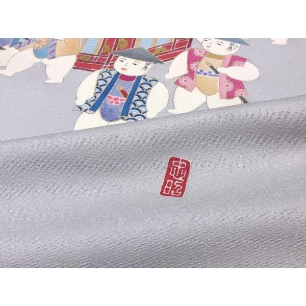 反物販売/お仕立て承ります３万円均一反物寿光織生地　お洒落九寸名古屋帯（お太鼓柄）手描き　作家作　染め帯　童（わらべ）／灰色　反物/着物/和服/お洒_3
