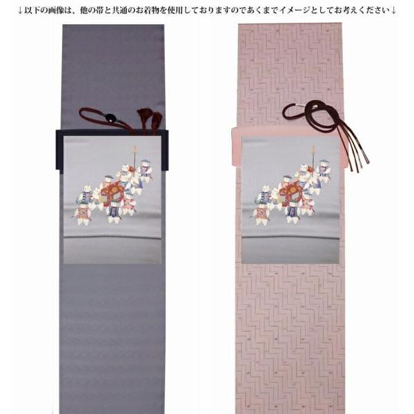 反物販売/お仕立て承ります３万円均一反物寿光織生地　お洒落九寸名古屋帯（お太鼓柄）手描き　作家作　染め帯　童（わらべ）／灰色　反物/着物/和服/お洒_4
