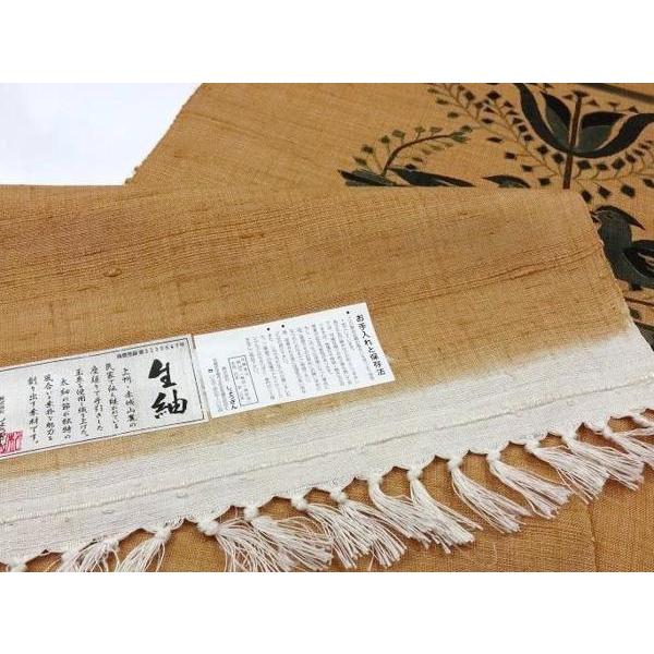 反物販売/お仕立て承りますしょうざん・生紬　お洒落九寸名古屋帯（お太鼓柄）手描き　染め帯　鳥／柑子系色　反物/着物/和服/お洒落用/街着/ショッピンの画像