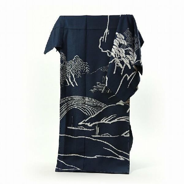 訪問着 フルオーダー手縫いお仕立て込み 京都「しょうざん」謹製 一珍染 丹後ちりめん 青緑みの濃グレー色 風景文様 着物/和服/和装/付き添い
