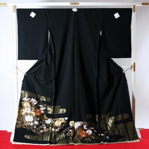 黒留袖　フルオーダー手縫いお仕立て付き在庫処分価格京友禅　ヱ霞に菊、萩（刺繍、金駒刺繍入り）レディース着物/和服/和装/礼装/フォーマル身長１６８ｃの画像