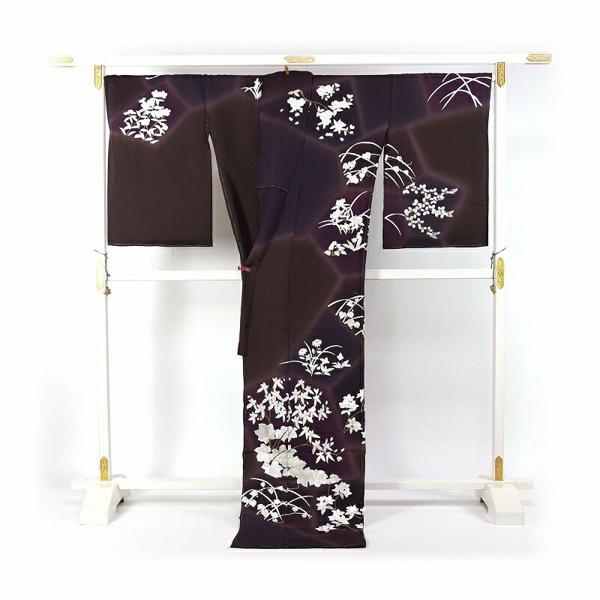 豪華手刺繍　訪問着　袷フルオーダー手縫いお仕立て付き　桜、蔓草、萩、菊　こげ茶色、濃紫色　身長１７０ｃｍまで、裄７１．５ｃｍまで　結婚式・披露宴・パの画像