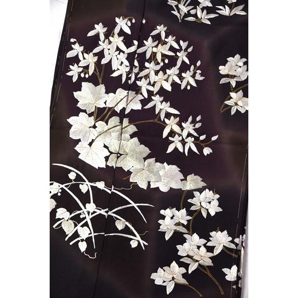豪華手刺繍　訪問着　袷フルオーダー手縫いお仕立て付き　桜、蔓草、萩、菊　こげ茶色、濃紫色　身長１７０ｃｍまで、裄７１．５ｃｍまで　結婚式・披露宴・パの画像