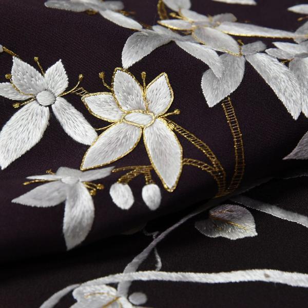 豪華手刺繍　訪問着　袷フルオーダー手縫いお仕立て付き　桜、蔓草、萩、菊　こげ茶色、濃紫色　身長１７０ｃｍまで、裄７１．５ｃｍまで　結婚式・披露宴・パの画像