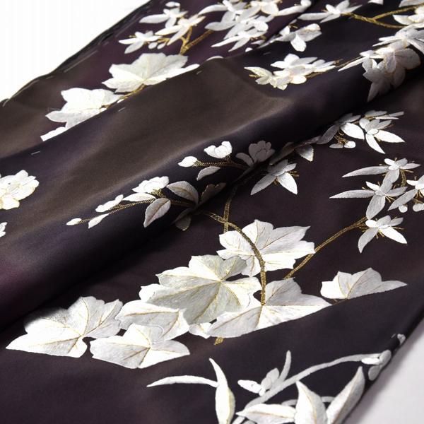 豪華手刺繍　訪問着　袷フルオーダー手縫いお仕立て付き　桜、蔓草、萩、菊　こげ茶色、濃紫色　身長１７０ｃｍまで、裄７１．５ｃｍまで　結婚式・披露宴・パの画像