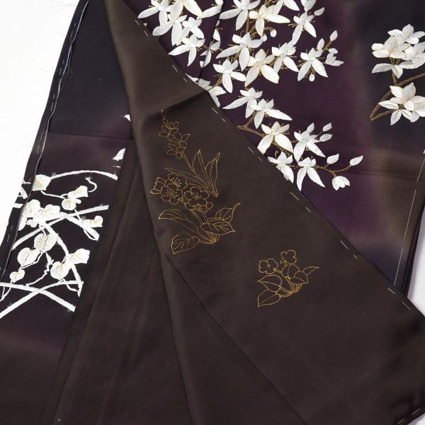 豪華手刺繍　訪問着　袷フルオーダー手縫いお仕立て付き　桜、蔓草、萩、菊　こげ茶色、濃紫色　身長１７０ｃｍまで、裄７１．５ｃｍまで　結婚式・披露宴・パの画像