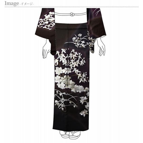 豪華手刺繍　訪問着　袷フルオーダー手縫いお仕立て付き　桜、蔓草、萩、菊　こげ茶色、濃紫色　身長１７０ｃｍまで、裄７１．５ｃｍまで　結婚式・披露宴・パの画像