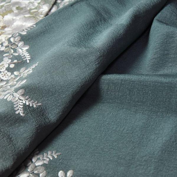 刺繍　訪問着　袷フルオーダー手縫いお仕立て付き　横笛に松葉、萩、菊、桜、楓、梅、桔梗の吹き寄せ文様　薄い緑色　身長１６８ｃｍまで、裄６９．５ｃｍまでの画像
