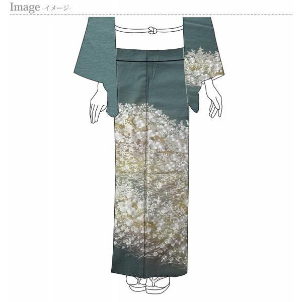刺繍　訪問着　袷フルオーダー手縫いお仕立て付き　横笛に松葉、萩、菊、桜、楓、梅、桔梗の吹き寄せ文様　薄い緑色　身長１６８ｃｍまで、裄６９．５ｃｍまでの画像