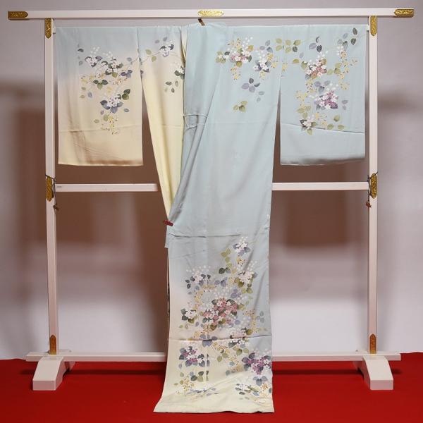 訪問着　フルオーダー手縫いお仕立て付き　紫陽花のようなお花　淡い緑色、黄色　身長１７０ｃｍまで、裄７０．５ｃｍまで　通年の着用可　送料込み　セミフォの画像