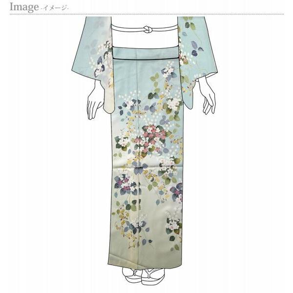 訪問着　フルオーダー手縫いお仕立て付き　紫陽花のようなお花　淡い緑色、黄色　身長１７０ｃｍまで、裄７０．５ｃｍまで　通年の着用可　送料込み　セミフォの画像