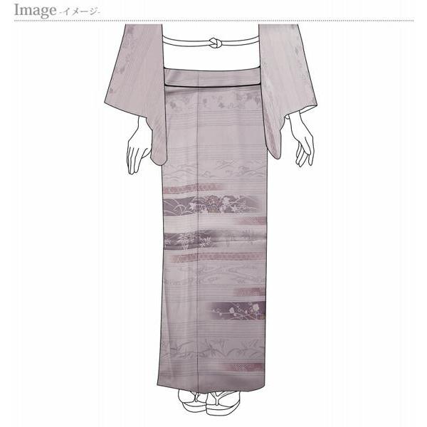 訪問着　フルオーダー手縫いお仕立て付き　横段に花々と幾何学　ごく淡い小豆色　身長１７０ｃｍまで、裄７２．５ｃｍまで　通年の着用可　送料込み　セミフォの画像