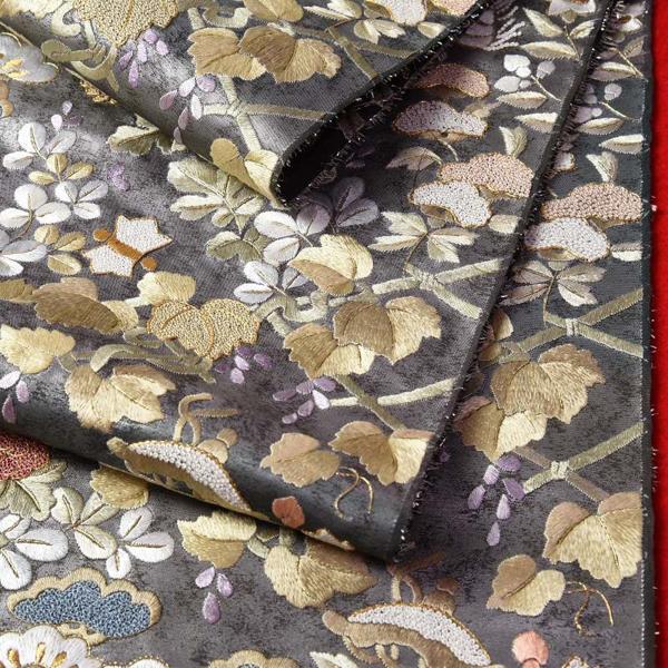 袋帯　綿芯お仕立て付き　中国三大刺繍　蘇州刺繍　相良刺繍　セミフォーマル用　六通柄　植物に宝　グレー色　丸巻き袋帯　レディース着物/和服/結婚式/入の画像